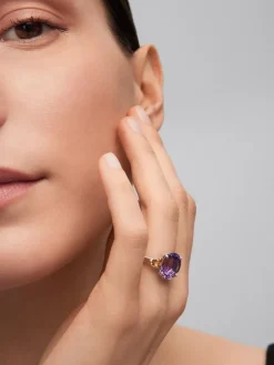 Anillo tresillo de plata 925 con amatista morada en talla oval y 2 cuarzos citrinos en talla brillante