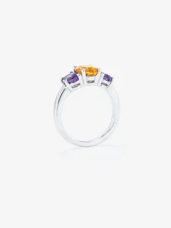 Anillo tresillo de plata 925 con cuarzo citrino en talla oval  y 2 amatistas moradas en talla oval