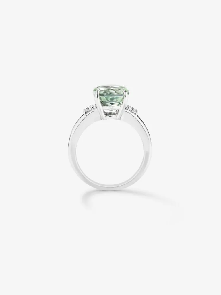 Anillo tresillo de plata 925 con amatista verde y diamantes