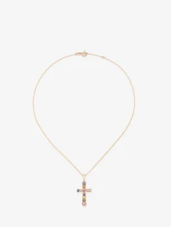 Colgante cadena cruz de oro rosa de 18K con zafiro