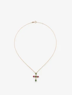 Colgante cadena cruz de oro rosa de 18K con turmalina verde y turmalina rosa