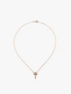 Colgante cadena cruz de oro rosa de 18K con zafiro y diamante