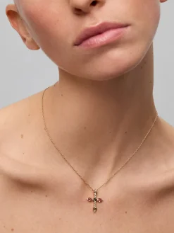 Colgante cadena cruz de oro rosa de 18K con turmalina verde y turmalina rosa