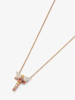 Colgante cadena cruz de oro rosa de 18K con zafiro y diamante
