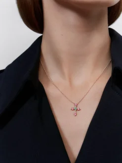 Colgante cadena cruz de oro rosa de 18K con turmalina y diamante