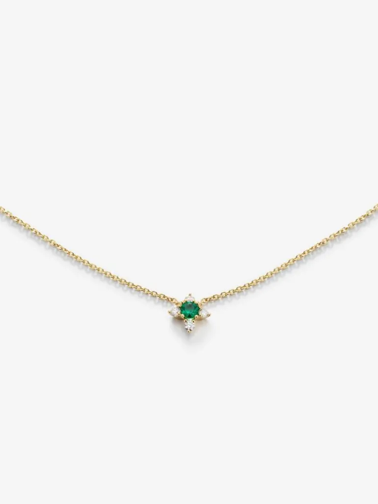 Colgante cadena flor de oro amarillo de 18K con esmeralda y diamantes