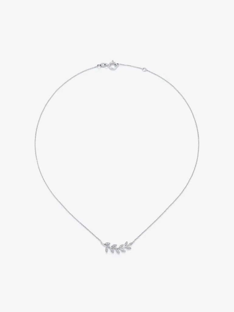 Colgante cadena hojas de oro blanco de 18K con diamante
