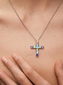 Colgante con cruz de plata 925 con gemas multicolor