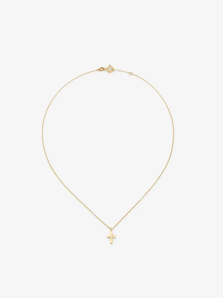 Colgante de oro amarillo de 18K con cruz grande y diamante en talla brillante de 0,01 cts