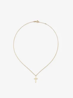 Colgante de oro amarillo de 18K con cruz mediana y diamante en talla brillante de 0,01 cts