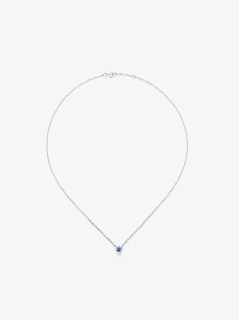 Colgante de oro blanco de 18K con zafiro azul en talla brillante de 0,23 cts y orla de 10 diamantes en talla brillante con un total de 0,07 cts