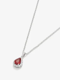 Colgante de oro blanco de 18K con rub&iacute; rojo intenso en talla pera de 0,88 cts y diamantes 0,48 cts