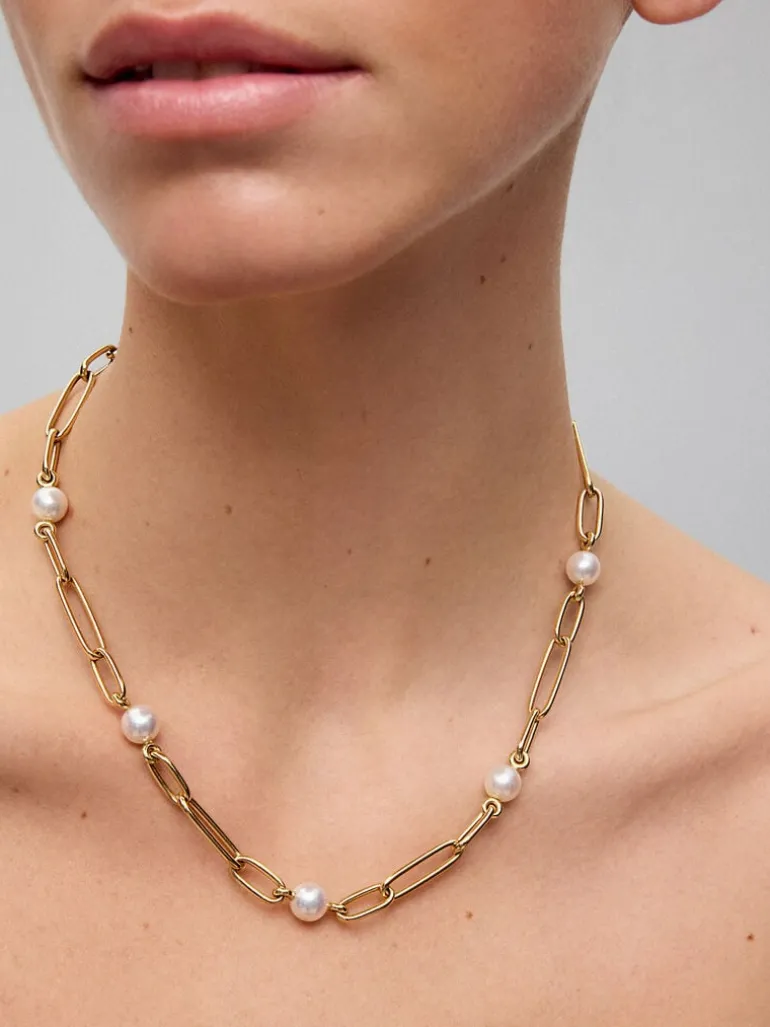 Collar de eslabones de oro amarillo de 18K con 5 perlas akoya de 8mm