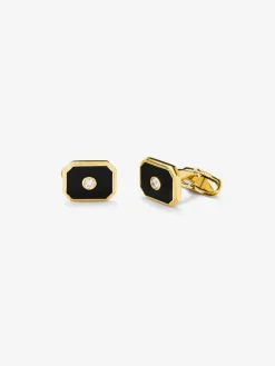 Gemelos de oro amarillo de 18K con ónix negro de 3,25 cts y diamantes blancos de 0,12 cts