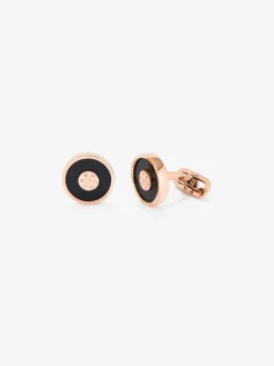 Gemelos de oro rosa de 18K con ónix negro y 2 diamantes en talla brillante con un total de 0,006 cts
