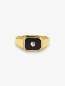 medium 18k yellow gold signet ring with 0.98 ct black onyx and 0.03 ct diamond