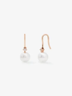 Pendiente colgante de oro rosa de 18k con perla akoya de 8 mm y diamante