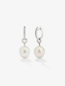 Pendiente de aro de oro blanco de 18k con colgante de perla australiana de 9 mm y diamante