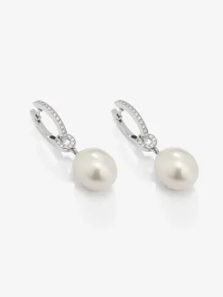 Pendiente de aro de oro blanco de 18k con colgante de perla australiana de 9 mm y diamante