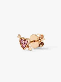 Pendiente individual de oro rosa de 18K con 3 zafiros rosas en talla brillante con un total de 0,1 cts y forma de corazón
