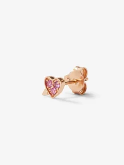 Pendiente individual de oro rosa de 18K con 3 zafiros rosas en talla brillante con un total de 0,1 cts y forma de corazón