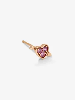 Pendiente individual de oro rosa de 18K con 3 zafiros rosas en talla brillante con un total de 0,1 cts y forma de corazón