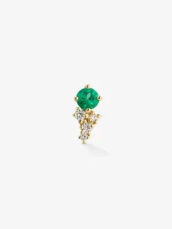 Pendiente individual derecho de oro amarillo de 18K con esmeralda en talla brillante de 0,1 cts y 5 diamantes en talla brillante con un total de 0,07 cts