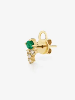 Pendiente individual derecho de oro amarillo de 18K con esmeralda en talla brillante de 0,1 cts y 5 diamantes en talla brillante con un total de 0,07 cts