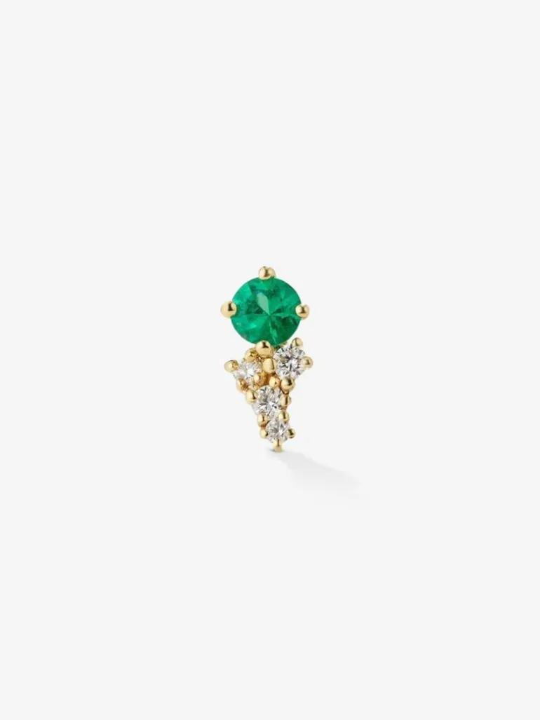Pendiente individual izquierdo de oro amarillo de 18K con esmeralda y diamantes