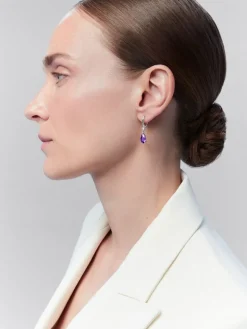 Pendientes aro de plata 925 con amatista y diamante colgante