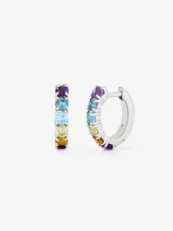 Pendientes aro peque&ntilde;o fino de plata 925 con gemas multicolor