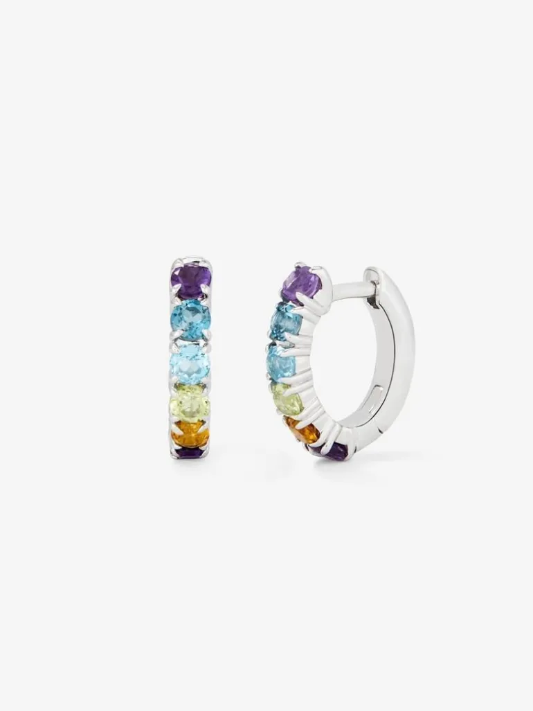 Pendientes aro pequeño fino de plata 925 con gemas multicolor
