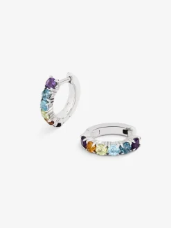 Pendientes aro pequeño fino de plata 925 con gemas multicolor
