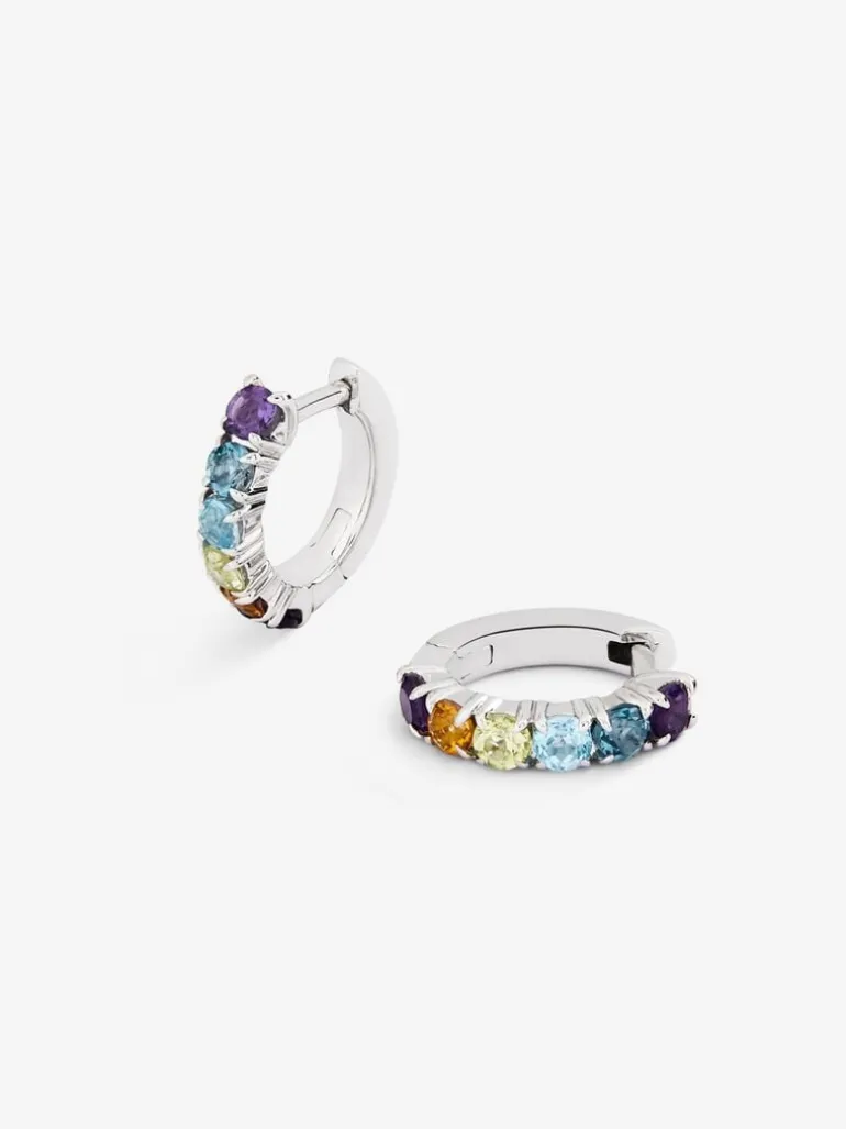 Pendientes aro pequeño fino de plata 925 con gemas multicolor