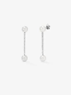 Pendientes colgante largo de oro blanco de 18K con diamante y perla