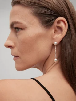 Pendientes colgante largo de oro rosa de 18K con diamante y perla