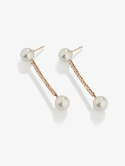 Pendientes colgante largo de oro rosa de 18K con diamante y perla