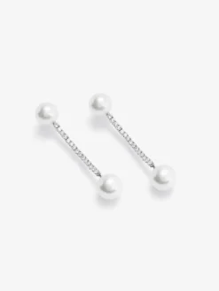 Pendientes colgante largo de oro blanco de 18K con diamante y perla