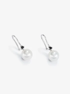 Pendientes colgantes de plata 925 con espinela negra 0,13cts y perla akoya de 8mm