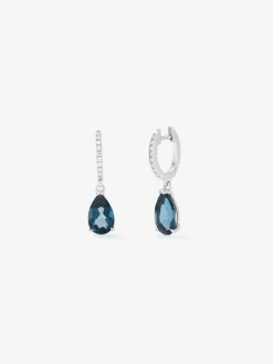 Pendientes de aro con colgante de oro blanco de 18K con topacio y diamante