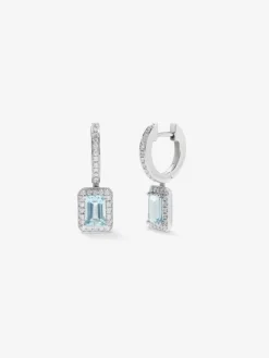 Pendientes de aro con colgante de oro blanco de 18K con aguamarina y diamante