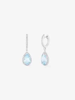 Pendientes de aro con colgante de oro blanco de 18K con topacio y diamante