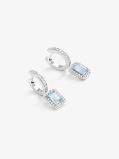 Pendientes de aro con colgante de oro blanco de 18K con aguamarina y diamante