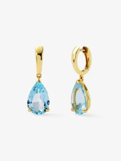 Pendientes de aro de oro amarillo de 18K 2 topacios azul sky en talla pera