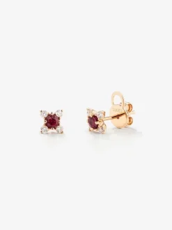 Pendientes de aro de oro rosa de 18K con 2 rub&iacute;es rojos en talla brillante con un total de 0,29 cts y 8 diamantes en talla brillante con un total de 0,17 cts