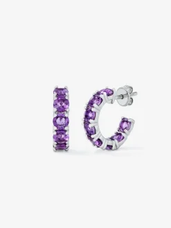 Pendientes de aro de plata 925 con 16 amatistas moradas en talla brillante con un total de 3,36 cts