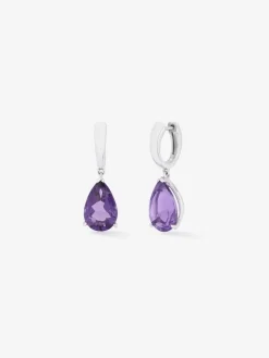 Pendientes de aro de plata 925 con 2 amatistas moradas en talla pera