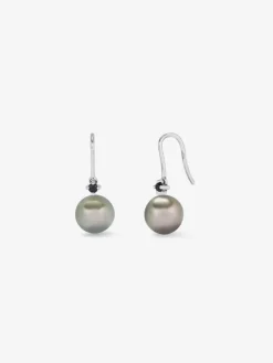 Pendientes de aro de plata 925 con 2 espinelas negras y 2 perlas de Tahit&iacute; de 8,5mm
