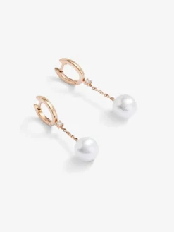 Pendientes de aro y cadena de oro rosa de 18K con diamantes blancos en talla brillante de 0,07 cts y perlas akoya 8,5 mm