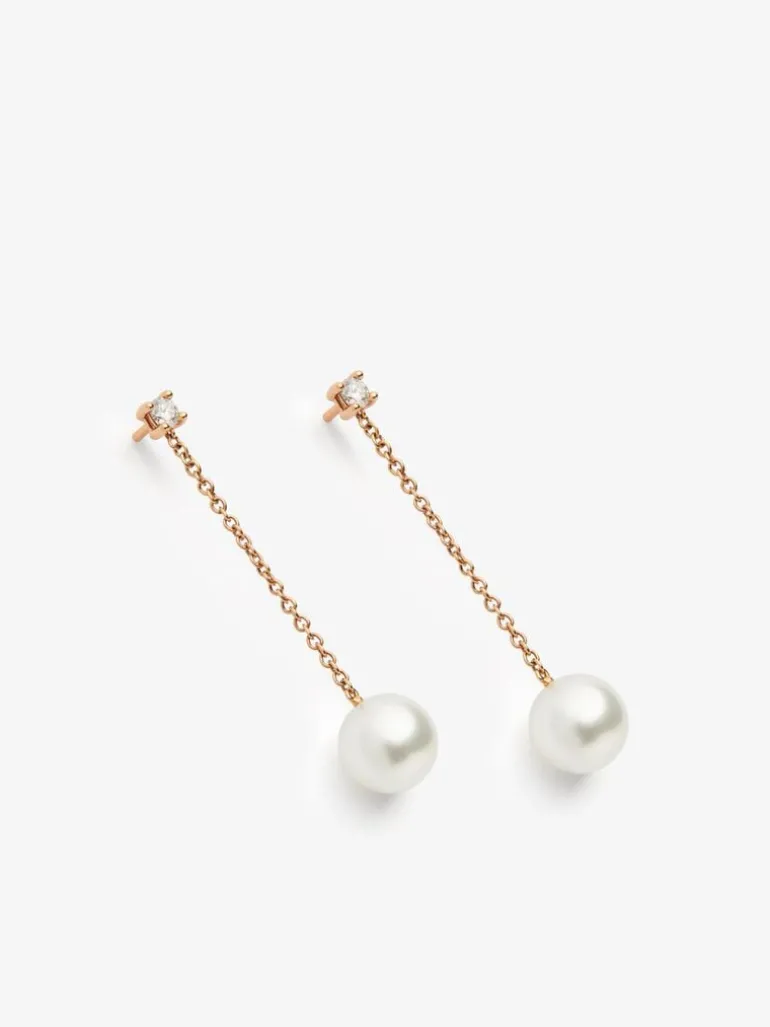 Pendientes de cadena de oro rosa de 18K con 2 diamantes en talla brillante con un total de 0,22 cts y 2 perlas 9mm